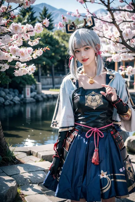 best quality, masterpiece, photorealistic, 1girl, solo, standing, cowboy shot, looking at viewer, smile, closed mouth, bangs, kamisato cosplay costume, cosplay, light blue hair, long hair, ponytail, hair ornament, ribbon, hair ribbon, japanese clothes, armored dress, japanese armor, arm guards, fingerless gloves, tress ribbon, tassel, japanese garden, cherry blossoms, tree, <lora:genshin_Kamisato_cosplay_v1:0.7>