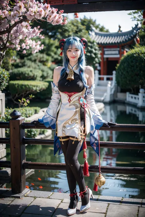 best quality, masterpiece, photorealistic, 1girl, solo, looking at viewer, smile, closed mouth, full body, standing, ganyu cosplay costume, cosplay, blue hair, long hair, horns, bangs, ahoge, sidelocks, tight, black bodysuit, body stocking, detached sleeves, gloves, neck bell, chinese knot, tassel, (white high heels:1.2), chinese garden, flower , tree, water, <lora:genshin_Ganyu_cosplay_v1:0.7>