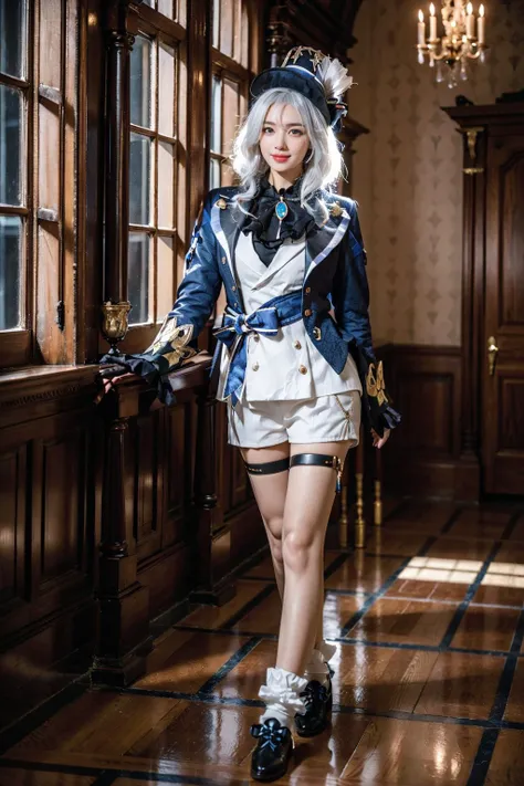 best quality, masterpiece, photorealistic, 1girl, solo, standing, arms at side, full body, looking at viewer, smile, closed mouth, furina cosplay, furina, cosplay, suit jacket, shirt, shorts, jacket, asymmetrical gloves, long sleeves, white hair, long hair, multicolored hair, top hat, thigh strap, white socks, shoes, castle, indoors, luxury ball, <lora:genshin_Furina_cosplay_v1:0.7>