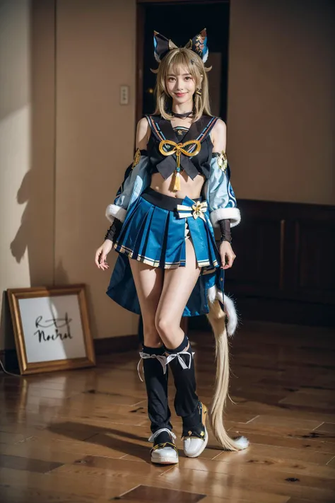 best quality, masterpiece, photorealistic, 1girl, solo, standing, full body, (looking at viewer:1.2), closed mouth, kirara cosplay costume, kirara, cosplay, blonde hair, long hair, hair ornament, sailor collar, crop top, detached sleeves, skirt, cat ears, cat tail, animal ears, leg warmers, fur-trimmed shoes, <lora:genshin_Kirara_cosplay_v1:0.7>