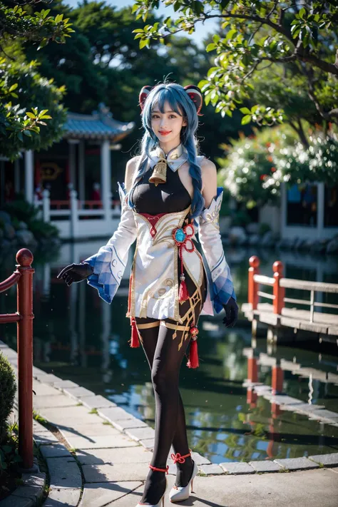 best quality, masterpiece, photorealistic, 1girl, solo, looking at viewer, smile, closed mouth, full body, standing, ganyu cosplay costume, cosplay, blue hair, long hair, horns, bangs, ahoge, sidelocks, tight, black bodysuit, body stocking, detached sleeves, gloves, neck bell, chinese knot, tassel, (white high heels:1.2), chinese garden, flower , tree, water, <lora:genshin_Ganyu_cosplay_v1:0.7>