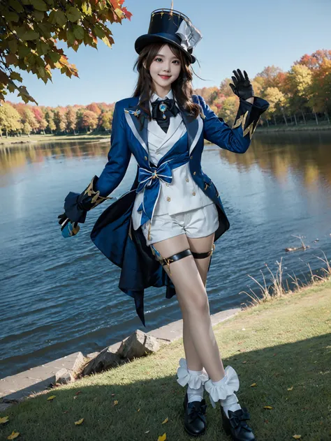 1girl,solo, red eyes,brown hair,long hair,smile,
full body,autumn,lake,
 <lora:genshin_Furina_cosplay_v1:0.6>
furina cosplay, furina, cosplay, suit jacket, shirt, shorts, jacket, bow, asymmetrical gloves, long sleeves,top hat, thigh strap, white socks, shoes