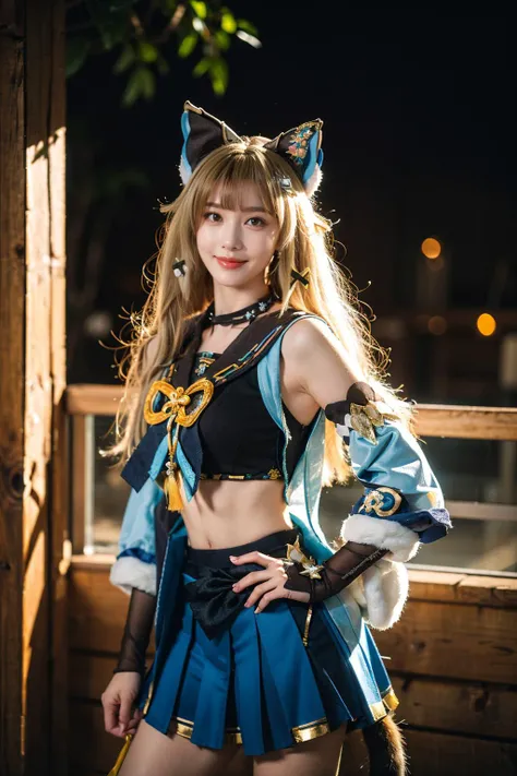 best quality, masterpiece, photorealistic, 1girl, solo, standing, cowboy shot, (looking at viewer:1.2), closed mouth, kirara cosplay costume, kirara, cosplay, blonde hair, long hair, hair ornament, sailor collar, crop top, detached sleeves, skirt, cat ears, cat tail, animal ears, <lora:genshin_Kirara_cosplay_v1:0.7>