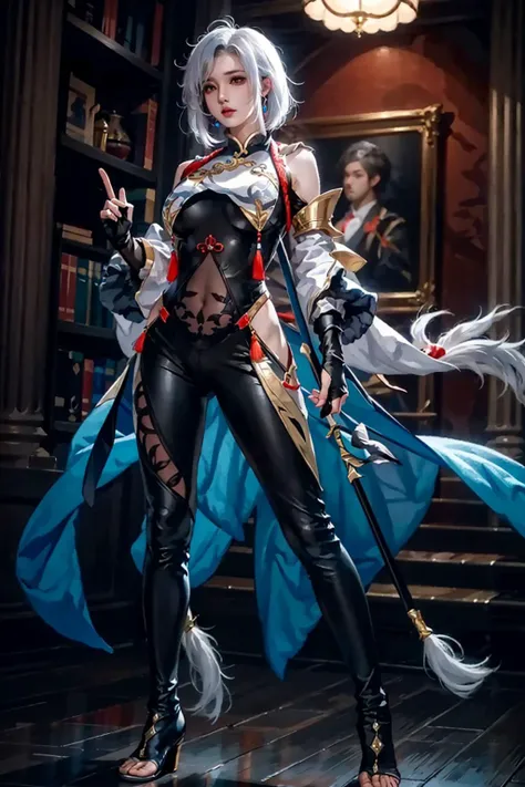 best quality,masterpiece,highres,original,extremely detailed wallpaper,perfect lighting,extremely detailed CG,blurry background,standing,
<lora:genshin_Shenhe_cosplay_v1:0.6>,shenhe cosplay costume,black bodysuit,breast curtain,tassel,partially fingerless gloves,hip vent,