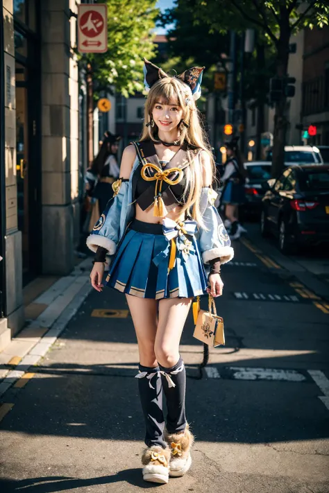 best quality, masterpiece, photorealistic, 1girl, solo, standing, full body, (looking at viewer:1.2), closed mouth, smile, kirara cosplay costume, kirara, cosplay, blonde hair, long hair, hair ornament, sailor collar, crop top, detached sleeves, skirt, cat ears, cat tail, animal ears, leg warmers, fur-trimmed shoes, <lora:genshin_Kirara_cosplay_v1:0.7>