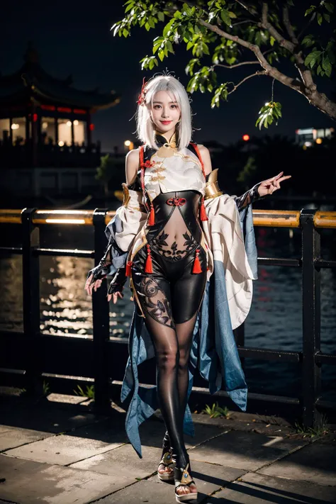 best quality, masterpiece, photorealistic, 1girl, solo, arms at side, full body, looking at viewer, arms at side,expressionless, closed mouth, hair between eyes, expressionless, shenhe cosplay costume, cosplay, white hair, black bodysuit, breast curtain, shoulder cutout, partially fingerless gloves, hip vent, tassel, toeless footwear, hair ornament, outdoors, chinese garden, tree, flower, night, light, <lora:genshin_Shenhe_cosplay_v1:0.7>