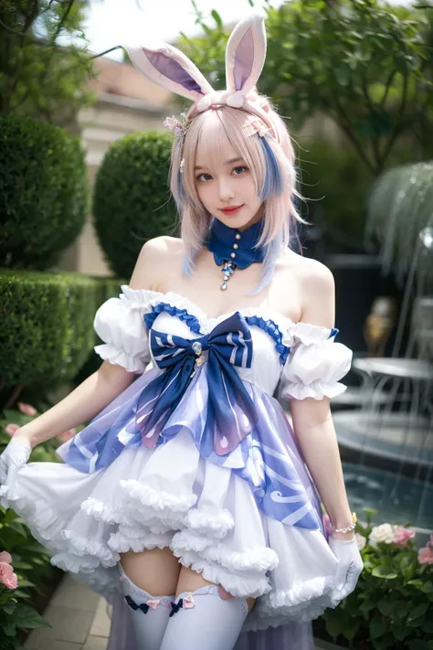 best quality, masterpiece, realistic, photorealistic, 1girl, solo, looking at viewer, smile, standing, cowboy shot, sangonomiya kokomi cosplay costume, sangonomiya kokomi, genshin impact, cosplay, alternate costume, pink hair, gradient hair, multicolored hair, long hair, dress, off-shoulder dress, frilled dress, frills, bow, detached collar, detached sleeves, dress bow, bare shoulders, fake animal ears, animal ears, rabbit ears, hair ornament, gloves, white gloves, thighhighs, garden, flower, water, <lora:Genshin_Kokomi_Rabbit_cosplay_v1:0.7>, <lora:Background Detail Enhanced_Si_v3.0:1.5>