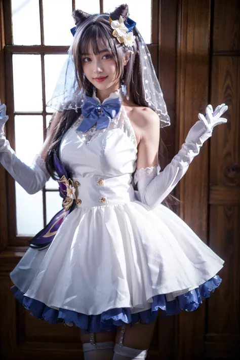 best quality, masterpiece, realistic, photorealistic, 1girl, solo, looking at viewer, smile, standing, cowboy shot, keqing cosplay costume, keqing, cosplay, alternate costume, purple hair, twintails, long hair, hair bun, cone hair bun, dress, white dress, wedding dress, sleeveless dress, frills, lace trim, gloves, white gloves, elbow gloves, bow, bowtie, veil, bridal veil, bride, hair ornament, hair flower, hair ribbon, hair bow, thighhighs, lace-trimmed legwear, frilled thighhighs, white thighhighs, indoors , detailed background, <lora:Genshin_Keqing_WeddingDress_cosplay_v1:0.75>
