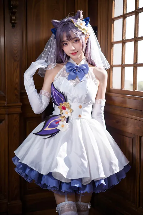 best quality, masterpiece, realistic, photorealistic, 1girl, solo, looking at viewer, smile, standing, cowboy shot, keqing cosplay costume, keqing, cosplay, alternate costume, purple hair, twintails, long hair, hair bun, cone hair bun, dress, white dress, wedding dress, sleeveless dress, frills, lace trim, gloves, white gloves, elbow gloves, bow, bowtie, veil, bridal veil, bride, hair ornament, hair flower, hair ribbon, hair bow, thighhighs, lace-trimmed legwear, frilled thighhighs, white thighhighs, indoors , detailed background, <lora:Genshin_Keqing_WeddingDress_cosplay_v1:0.75>