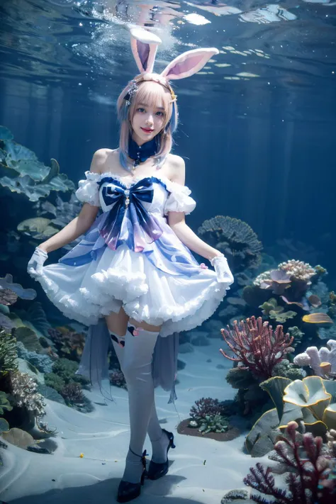 best quality, masterpiece, realistic, photorealistic, 1girl, solo, looking at viewer, smile, standing, full body, sangonomiya kokomi cosplay costume, sangonomiya kokomi, genshin impact, cosplay, alternate costume, pink hair, gradient hair, multicolored hair, long hair, dress, off-shoulder dress, frilled dress, frills, bow, detached collar, detached sleeves, dress bow, bare shoulders, fake animal ears, animal ears, rabbit ears, hair ornament, gloves, white gloves, thighhighs, white high heels, seafloor, underwater city, underwater, <lora:Genshin_Kokomi_Rabbit_cosplay_v1:0.7>, <lora:Background Detail Enhanced_Si_v3.0:1.5>