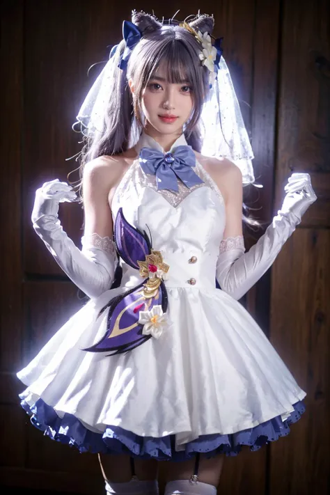 best quality, masterpiece, realistic, photorealistic, 1girl, solo, looking at viewer, smile, standing, cowboy shot, keqing cosplay costume, keqing, cosplay, alternate costume, purple hair, twintails, long hair, hair bun, cone hair bun, dress, white dress, wedding dress, sleeveless dress, frills, lace trim, gloves, white gloves, elbow gloves, bow, bowtie, veil, bridal veil, bride, hair ornament, hair flower, hair ribbon, hair bow, thighhighs, lace-trimmed legwear, frilled thighhighs, white thighhighs, grey background, <lora:Genshin_Keqing_WeddingDress_cosplay_v1:0.75>