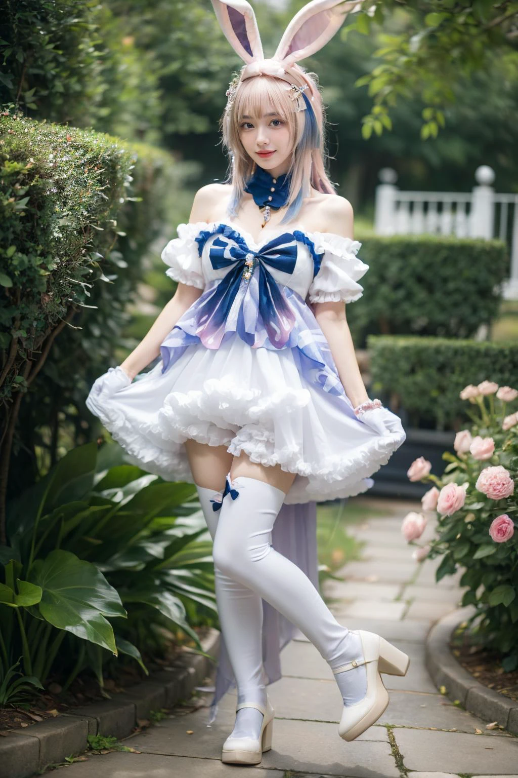 best quality, masterpiece, realistic, photorealistic, 1girl, solo, looking at viewer, smile, standing, full body, sangonomiya kokomi cosplay costume, sangonomiya kokomi, genshin impact, cosplay, alternate costume, pink hair, gradient hair, multicolored hair, long hair, dress, off-shoulder dress, frilled dress, frills, bow, detached collar, detached sleeves, dress bow, bare shoulders, fake animal ears, animal ears, rabbit ears, hair ornament, gloves, white gloves, thighhighs, white high heels, garden, flower, water, <lora:Genshin_Kokomi_Rabbit_cosplay_v1:0.7>, <lora:Background Detail Enhanced_Si_v3.0:1.5>