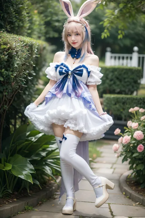 best quality, masterpiece, realistic, photorealistic, 1girl, solo, looking at viewer, smile, standing, full body, sangonomiya kokomi cosplay costume, sangonomiya kokomi, genshin impact, cosplay, alternate costume, pink hair, gradient hair, multicolored hair, long hair, dress, off-shoulder dress, frilled dress, frills, bow, detached collar, detached sleeves, dress bow, bare shoulders, fake animal ears, animal ears, rabbit ears, hair ornament, gloves, white gloves, thighhighs, white high heels, garden, flower, water, <lora:Genshin_Kokomi_Rabbit_cosplay_v1:0.7>, <lora:Background Detail Enhanced_Si_v3.0:1.5>