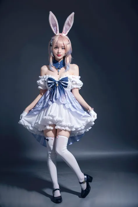 best quality, masterpiece, realistic, photorealistic, 1girl, solo, looking at viewer, smile, standing, full body, sangonomiya kokomi cosplay costume, sangonomiya kokomi, genshin impact, cosplay, alternate costume, pink hair, gradient hair, multicolored hair, long hair, dress, off-shoulder dress, frilled dress, frills, bow, detached collar, detached sleeves, dress bow, bare shoulders, fake animal ears, animal ears, rabbit ears, hair ornament, gloves, white gloves, thighhighs, high heels, grey background, <lora:Genshin_Kokomi_Rabbit_cosplay_v1:0.7>