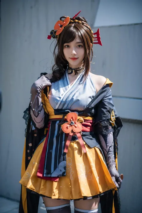 best quality, masterpiece, realistic, photorealistic, 1girl, solo, looking at viewer, smile, standing, cowboy shot, chiori cosplay costume, chiori, genshin impact, cosplay, brown hair, long hair, japanese clothes, kimono, hair ornament, hair flower, hair stick, choker, elbow gloves, gloves, flower, thighhighs, grey background, <lora:Genshin_Chiori_cosplay_v1:0.7>