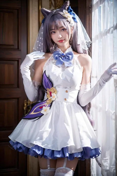 best quality, masterpiece, realistic, photorealistic, 1girl, solo, looking at viewer, smile, standing, cowboy shot, keqing cosplay costume, keqing, cosplay, alternate costume, purple hair, twintails, long hair, hair bun, cone hair bun, dress, white dress, wedding dress, sleeveless dress, frills, lace trim, gloves, white gloves, elbow gloves, bow, bowtie, veil, bridal veil, bride, hair ornament, hair flower, hair ribbon, hair bow, thighhighs, lace-trimmed legwear, frilled thighhighs, white thighhighs, indoors , detailed background, <lora:Genshin_Keqing_WeddingDress_cosplay_v1:0.75>