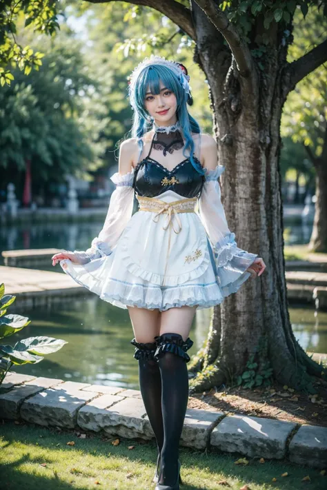 best quality, masterpiece, realistic, photorealistic, 1girl, solo, looking at viewer, smile, standing, full body, ganyu cosplay costume, arms at side, ganyu, cosplay, genshin impact, long hair, blue hair, alternate costume, dress, apron, white apron, detached sleeves, detached collar, bare shoulders, frills, frilled sleeves, maid headdress, hairband, horns, kneehighs, frilled kneehighs, high heels, chinese garden, tree, flower, water, <lora:Genshin_Ganyu_maid_cosplay_v1:0.7>