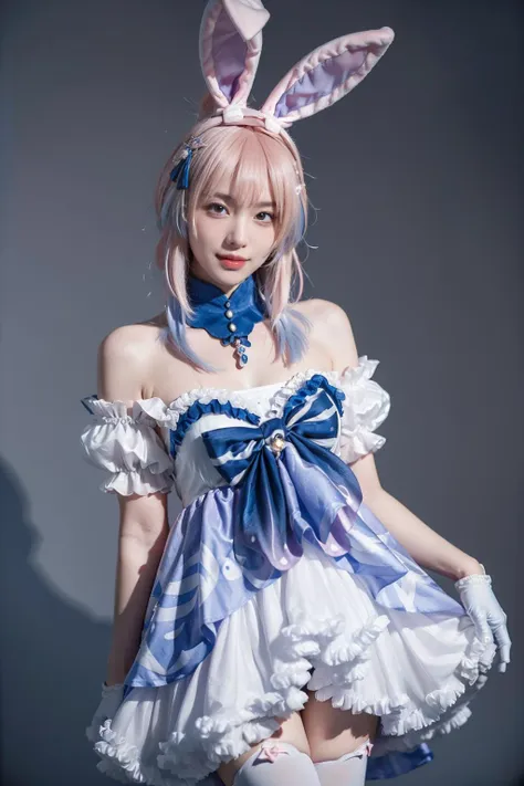 best quality, masterpiece, realistic, photorealistic, 1girl, solo, looking at viewer, smile, standing, cowboy shot, sangonomiya kokomi cosplay costume, sangonomiya kokomi, genshin impact, cosplay, alternate costume, pink hair, gradient hair, multicolored hair, long hair, dress, off-shoulder dress, frilled dress, frills, bow, detached collar, detached sleeves, dress bow, bare shoulders, fake animal ears, animal ears, rabbit ears, hair ornament, gloves, white gloves, thighhighs, grey background, <lora:Genshin_Kokomi_Rabbit_cosplay_v1:0.7>