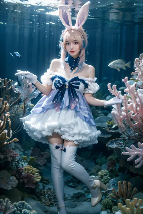 best quality, masterpiece, realistic, photorealistic, 1girl, solo, looking at viewer, smile, standing, full body, sangonomiya kokomi cosplay costume, sangonomiya kokomi, genshin impact, cosplay, alternate costume, pink hair, gradient hair, multicolored hair, long hair, dress, off-shoulder dress, frilled dress, frills, bow, detached collar, detached sleeves, dress bow, bare shoulders, fake animal ears, animal ears, rabbit ears, hair ornament, gloves, white gloves, thighhighs, white high heels, seafloor, underwater city, underwater, <lora:Genshin_Kokomi_Rabbit_cosplay_v1:0.7>, <lora:Background Detail Enhanced_Si_v3.0:1.5>