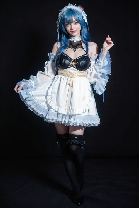 best quality, masterpiece, realistic, photorealistic, 1girl, solo, looking at viewer, smile, standing, full body, ganyu cosplay costume, ganyu, cosplay, genshin impact, long hair, blue hair, alternate costume, dress, apron, white apron, detached sleeves, detached collar, bare shoulders, frills, frilled sleeves, maid headdress, hairband, horns, kneehighs, frilled kneehighs, high heels, dark background, <lora:Genshin_Ganyu_maid_cosplay_v1:0.7>