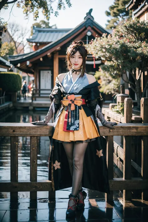 best quality, masterpiece, realistic, photorealistic, 1girl, solo, looking at viewer, smile, standing, full body, arms at side, chiori cosplay costume, chiori, genshin impact, cosplay, brown hair, long hair, japanese clothes, kimono, hair ornament, hair flower, hair stick, choker, elbow gloves, gloves, flower, thighhighs, pantyhose, sash, obi, okobo, japanese garden, japenese building, tree, water, <lora:Genshin_Chiori_cosplay_v1:0.7>