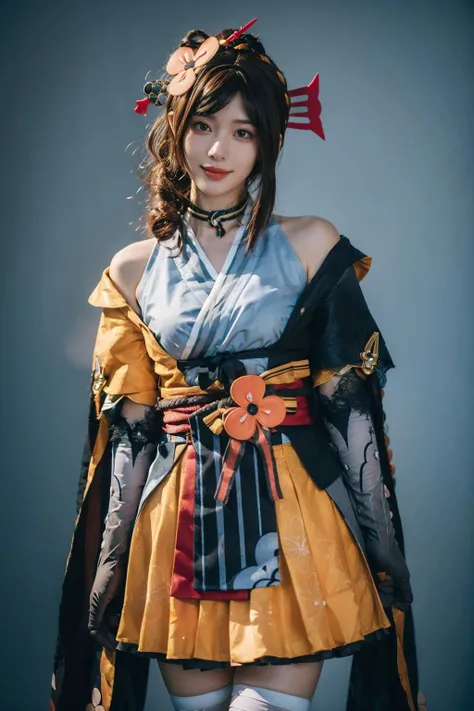 best quality, masterpiece, realistic, photorealistic, 1girl, solo, looking at viewer, smile, standing, cowboy shot, arms at side, chiori cosplay costume, chiori, genshin impact, cosplay, brown hair, long hair, japanese clothes, kimono, hair ornament, hair flower, hair stick, choker, elbow gloves, gloves, flower, thighhighs, grey background, <lora:Genshin_Chiori_cosplay_v1:0.7>