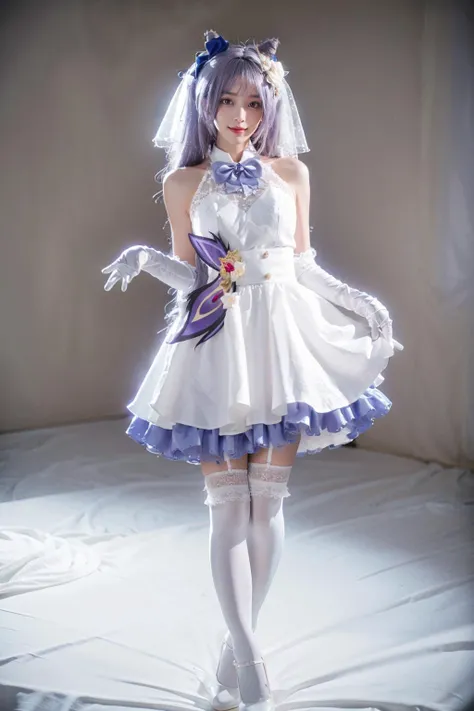 best quality, masterpiece, realistic, photorealistic, 1girl, solo, looking at viewer, smile, standing, full body, reaching towards viewer, keqing cosplay costume, keqing, cosplay, alternate costume, purple hair, twintails, long hair, hair bun, cone hair bun, dress, white dress, wedding dress, sleeveless dress, frills, lace trim, gloves, white gloves, elbow gloves, bow, bowtie, veil, bridal veil, bride, hair ornament, hair flower, hair ribbon, hair bow, thighhighs, lace-trimmed legwear, frilled thighhighs, white thighhighs, high heels, grey background, <lora:Genshin_Keqing_WeddingDress_cosplay_v1:0.75>