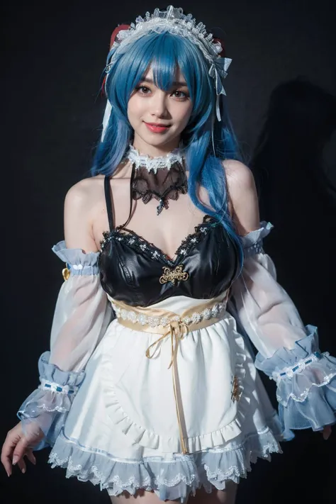 best quality, masterpiece, realistic, photorealistic, 1girl, solo, looking at viewer, smile, standing, cowboy shot, ganyu cosplay costume, ganyu, cosplay, genshin impact, long hair, blue hair, alternate costume, dress, apron, white apron, detached sleeves, detached collar, bare shoulders, frills, frilled sleeves, maid headdress, hairband, horns, dark background, <lora:Genshin_Ganyu_maid_cosplay_v1:0.7>