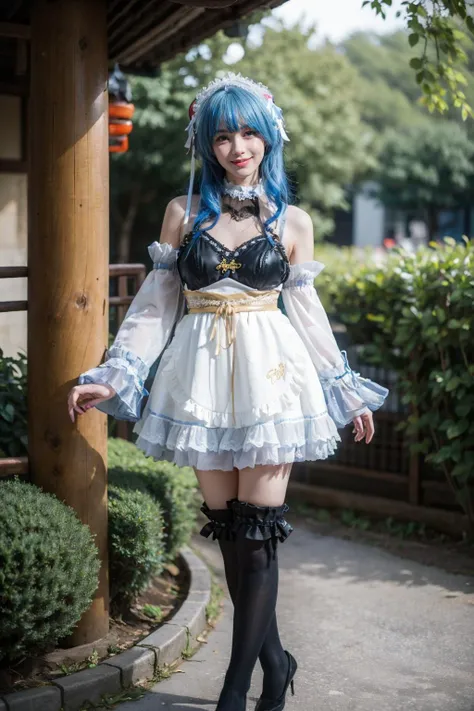 best quality, masterpiece, realistic, photorealistic, 1girl, solo, looking at viewer, smile, standing, full body, ganyu cosplay costume, arms at side, ganyu, cosplay, genshin impact, long hair, blue hair, alternate costume, dress, apron, white apron, detached sleeves, detached collar, bare shoulders, frills, frilled sleeves, maid headdress, hairband, horns, kneehighs, frilled kneehighs, high heels, chinese garden, tree, flower, water, <lora:Genshin_Ganyu_maid_cosplay_v1:0.7>