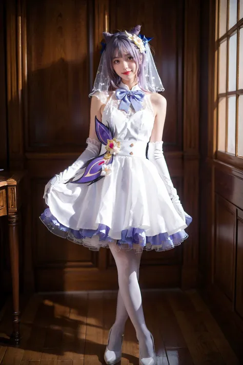 best quality, masterpiece, realistic, photorealistic, 1girl, solo, looking at viewer, smile, standing, full body, reaching towards viewer, keqing cosplay costume, keqing, cosplay, alternate costume, purple hair, twintails, long hair, hair bun, cone hair bun, dress, white dress, wedding dress, sleeveless dress, frills, lace trim, gloves, white gloves, elbow gloves, bow, bowtie, veil, bridal veil, bride, hair ornament, hair flower, hair ribbon, hair bow, thighhighs, lace-trimmed legwear, frilled thighhighs, white thighhighs, high heels, indoors , detailed background, <lora:Genshin_Keqing_WeddingDress_cosplay_v1:0.75>