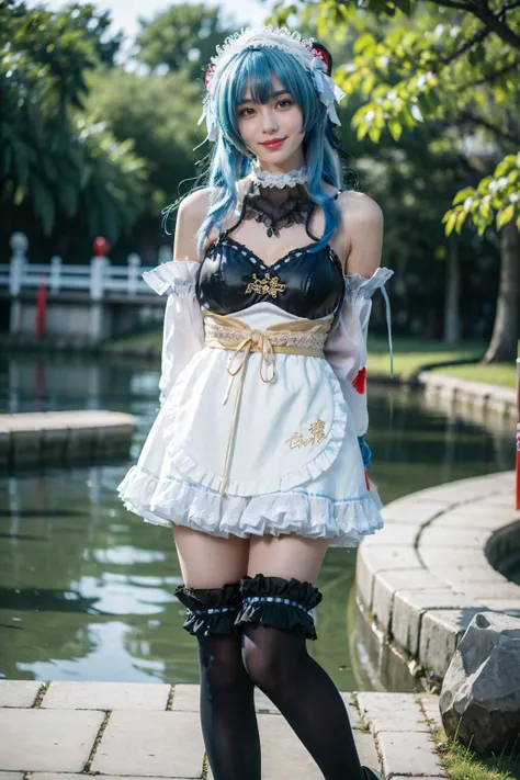 best quality, masterpiece, realistic, photorealistic, 1girl, solo, looking at viewer, smile, full body, ganyu cosplay costume, arms behind back, ganyu, cosplay, genshin impact, long hair, blue hair, alternate costume, dress, apron, white apron, detached sleeves, detached collar, bare shoulders, frills, frilled sleeves, maid headdress, hairband, horns, kneehighs, frilled kneehighs, high heels, chinese garden, tree, flower, water, <lora:Genshin_Ganyu_maid_cosplay_v1:0.7>