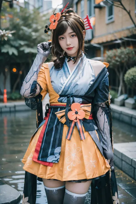 best quality, masterpiece, realistic, photorealistic, 1girl, solo, looking at viewer, smile, standing, cowboy shot, chiori cosplay costume, chiori, genshin impact, cosplay, brown hair, long hair, japanese clothes, kimono, hair ornament, hair flower, hair stick, choker, elbow gloves, gloves, flower, thighhighs, japanese garden, japenese building, tree, water, <lora:Genshin_Chiori_cosplay_v1:0.7>