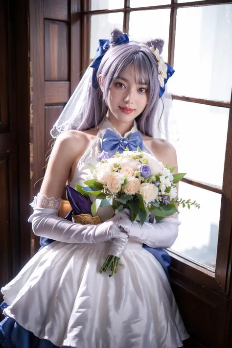 best quality, masterpiece, realistic, photorealistic, 1girl, solo, looking at viewer, smile, standing, cowboy shot, keqing cosplay costume, keqing, cosplay, alternate costume, purple hair, twintails, long hair, hair bun, cone hair bun, dress, white dress, wedding dress, sleeveless dress, frills, lace trim, gloves, white gloves, elbow gloves, bow, bowtie, flower, veil, bridal veil, bride, hair ornament, hair flower, hair ribbon, hair bow, holding bouquet, bouquet, palace, luxurious decorations, <lora:Genshin_Keqing_WeddingDress_cosplay_v1:0.75>