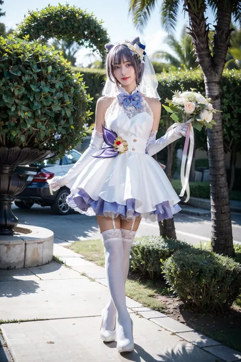 best quality, masterpiece, realistic, photorealistic, 1girl, solo, looking at viewer, smile, standing, full body, keqing cosplay costume, keqing, cosplay, alternate costume, purple hair, twintails, long hair, hair bun, cone hair bun, dress, white dress, wedding dress, sleeveless dress, frills, lace trim, gloves, white gloves, elbow gloves, bow, bowtie, flower, veil, bridal veil, bride, hair ornament, hair flower, hair ribbon, hair bow, thighhighs, lace-trimmed legwear, frilled thighhighs, white thighhighs, high heels, holding bouquet, bouquet, outdoors, garden, tree, water, detailed background, <lora:Genshin_Keqing_WeddingDress_cosplay_v1:0.75>
