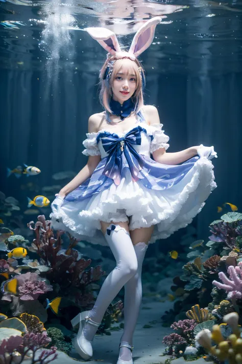 best quality, masterpiece, realistic, photorealistic, 1girl, solo, looking at viewer, smile, standing, full body, sangonomiya kokomi cosplay costume, sangonomiya kokomi, genshin impact, cosplay, alternate costume, pink hair, gradient hair, multicolored hair, long hair, dress, off-shoulder dress, frilled dress, frills, bow, detached collar, detached sleeves, dress bow, bare shoulders, fake animal ears, animal ears, rabbit ears, hair ornament, gloves, white gloves, thighhighs, white high heels, seafloor, underwater city, underwater, <lora:Genshin_Kokomi_Rabbit_cosplay_v1:0.7>, <lora:Background Detail Enhanced_Si_v3.0:1.5>