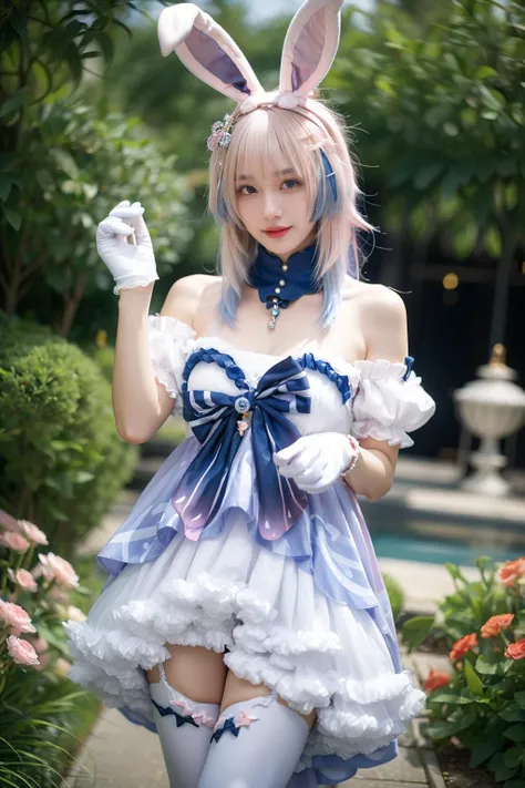best quality, masterpiece, realistic, photorealistic, 1girl, solo, looking at viewer, smile, standing, cowboy shot, sangonomiya kokomi cosplay costume, sangonomiya kokomi, genshin impact, cosplay, alternate costume, pink hair, gradient hair, multicolored hair, long hair, dress, off-shoulder dress, frilled dress, frills, bow, detached collar, detached sleeves, dress bow, bare shoulders, fake animal ears, animal ears, rabbit ears, hair ornament, gloves, white gloves, thighhighs, garden, flower, water, <lora:Genshin_Kokomi_Rabbit_cosplay_v1:0.7>, <lora:Background Detail Enhanced_Si_v3.0:1.5>