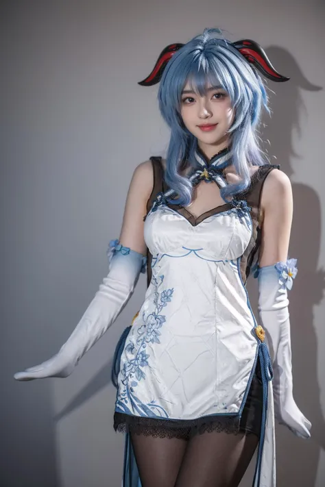 best quality,masterpiece,realistic,photorealistic,1girl,solo,looking at viewer,smile,standing,cowboy shot,ganyu cosplay costume,ganyu,genshin impact,alternate costume,blue hair,long hair,ahoge,dress,chinese clothes,china dress,horns,goat horns,gloves,elbow gloves,pantyhose,black pantyhose,grey background,<lora:Genshin_Ganyu_China_Dress_v1:0.75>,