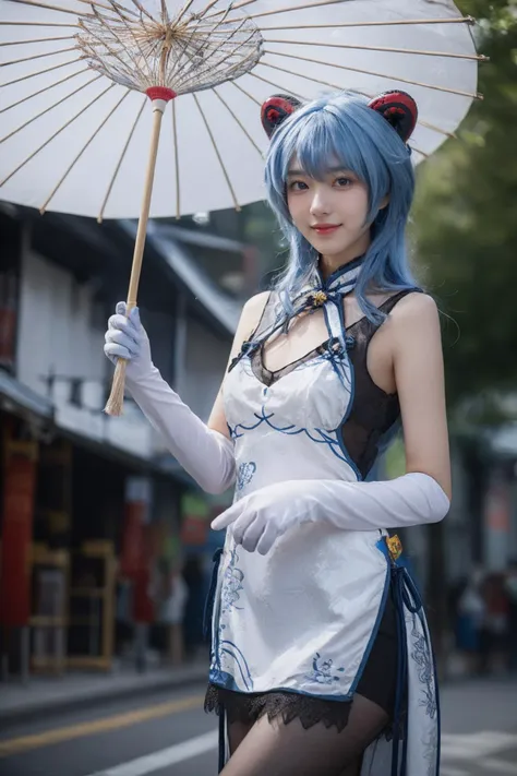 best quality,masterpiece,realistic,photorealistic,1girl,solo,looking at viewer,smile,standing,cowboy shot,ganyu cosplay costume,ganyu,genshin impact,alternate costume,blue hair,long hair,ahoge,dress,chinese clothes,china dress,horns,goat horns,gloves,elbow gloves,pantyhose,black pantyhose,holding oil-paper umbrella,oil-paper umbrella,china water town,ancient china town,flower,water,tree,<lora:Genshin_Ganyu_China_Dress_v1:0.75>,<lora:Background_Detail_v3:1.5>,