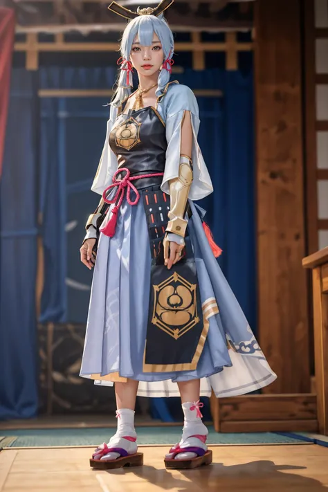 8k,highres,absurdres,masterpiece,best quality,original,extremely detailed CG,extremely detailed wallpaper,perfect lighting,<lyco:GoodHands-beta2:1>,
1girl,solo,blurry_background,looking_at_viewer,standing on the stage,
<lora:genshin_Kamisato_cosplay_v1:0.6>,kamisato cosplay costume,cosplay,light blue hair,long hair,ponytail,hair ornament,ribbon,hair ribbon,japanese clothes,armored dress,japanese armor,arm guards,fingerless gloves,tabi,tress ribbon,sandals,tassel,