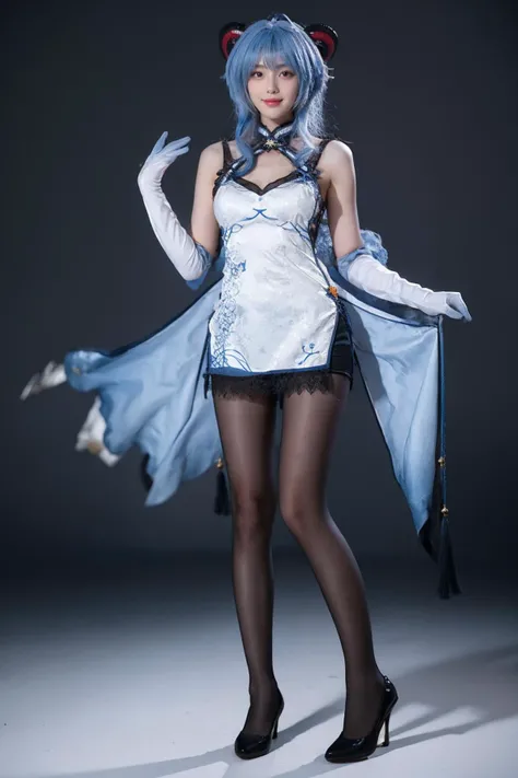 best quality,masterpiece,realistic,photorealistic,1girl,solo,looking at viewer,smile,standing,full body,ganyu cosplay costume,ganyu,genshin impact,alternate costume,blue hair,long hair,ahoge,dress,chinese clothes,china dress,horns,goat horns,gloves,elbow gloves,pantyhose,black pantyhose,high heels,grey background,<lora:Genshin_Ganyu_China_Dress_v1:0.7>,