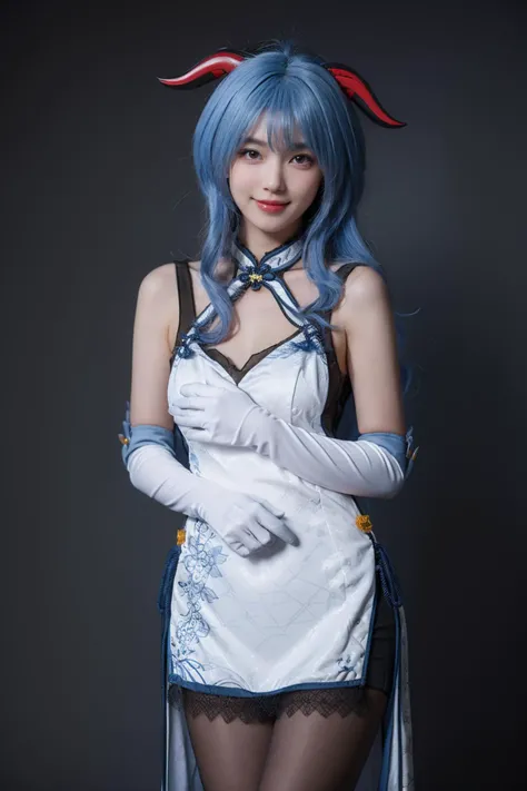 best quality, masterpiece, realistic, photorealistic, 1girl, solo, looking at viewer, smile, standing, cowboy shot, hand on own chest, ganyu cosplay costume, ganyu, genshin impact, alternate costume, blue hair, long hair, ahoge, dress, chinese clothes, china dress, horns, goat horns, gloves, elbow gloves, pantyhose, black pantyhose, grey background, <lora:Genshin_Ganyu_China_Dress_v1:0.7>