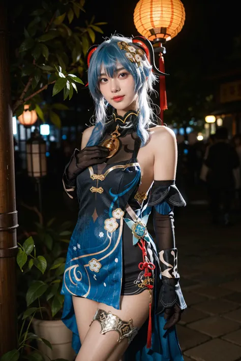best quality,masterpiece,realistic,photorealistic,1girl,solo,looking at viewer,smile,standing,cowboy shot,ganyu cosplay costume,ganyu,genshin impact,cosplay,alternate costume,blue hair,long hair,horns,hair ornament,hair between eyes,dress,blue dress,china dress,sleeveless dress,bare shoulders,detached sleeves,gloves,elbow gloves,thigh strap,bell,night,light,lantern,china garden,flower,plant,tree,water,<lora:Genshin_Ganyu_Lantern_Rite_cosplay_v1:0.7>,