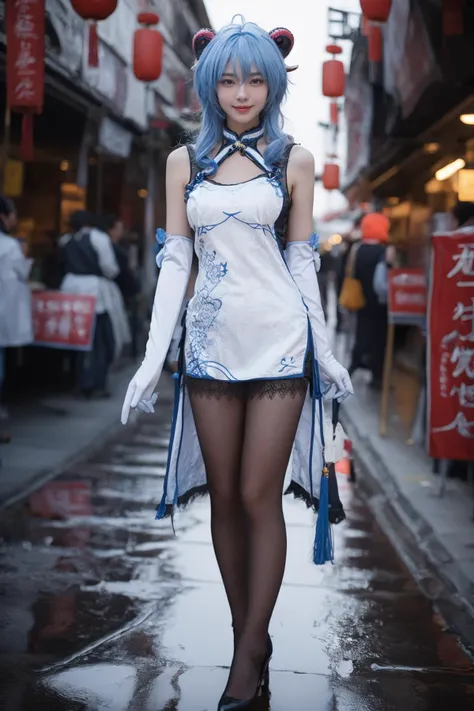 best quality, masterpiece, realistic, photorealistic, 1girl, solo, looking at viewer, smile, standing, full body, ganyu cosplay costume, ganyu, genshin impact, alternate costume, blue hair, long hair, ahoge, dress, chinese clothes, china dress, horns, goat horns, gloves, elbow gloves, pantyhose, black pantyhose, high heels, china water town, ancient china town, rain, flower, water, tree, <lora:Genshin_Ganyu_China_Dress_v1:0.75>, <lora:Background_Detail_v3:1.5>