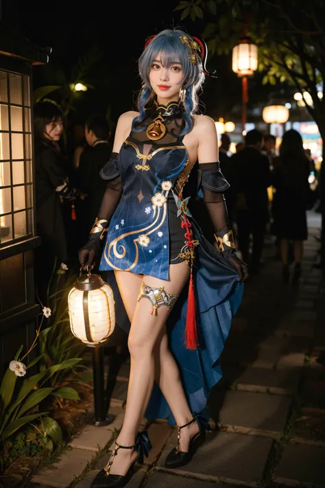 best quality, masterpiece, realistic, photorealistic, 1girl, solo, looking at viewer, smile, standing, full body, ganyu cosplay costume, ganyu, genshin impact, cosplay, alternate costume, blue hair, long hair, horns, hair ornament, hair between eyes, dress, blue dress, china dress, sleeveless dress, bare shoulders, detached sleeves, gloves, elbow gloves, thigh strap, bell, high heels, night, light, lantern, china garden, flower, plant, tree, water, <lora:Genshin_Ganyu_Lantern_Rite_cosplay_v1:0.7>
