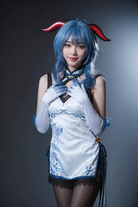 best quality, masterpiece, realistic, photorealistic, 1girl, solo, looking at viewer, smile, standing, cowboy shot, hand on own chest, ganyu cosplay costume, ganyu, genshin impact, alternate costume, blue hair, long hair, ahoge, dress, chinese clothes, china dress, horns, goat horns, gloves, elbow gloves, pantyhose, black pantyhose, grey background, <lora:Genshin_Ganyu_China_Dress_v1:0.7>