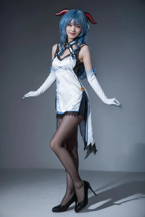 best quality, masterpiece, realistic, photorealistic, 1girl, solo, looking at viewer, smile, standing, arms at side,full body, ganyu cosplay costume, ganyu, genshin impact, alternate costume, blue hair, long hair, ahoge, dress, chinese clothes, china dress, horns, goat horns, gloves, elbow gloves, pantyhose, black pantyhose, high heels, grey background, <lora:Genshin_Ganyu_China_Dress_v1:0.75>
