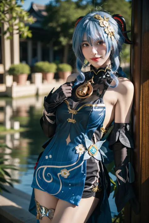 best quality,masterpiece,realistic,photorealistic,1girl,solo,looking at viewer,smile,standing,cowboy shot,ganyu cosplay costume,ganyu,genshin impact,cosplay,alternate costume,blue hair,long hair,horns,hair ornament,hair between eyes,dress,blue dress,china dress,sleeveless dress,bare shoulders,detached sleeves,gloves,elbow gloves,thigh strap,bell,china garden,flower,plant,tree,water,<lora:Genshin_Ganyu_Lantern_Rite_cosplay_v1:0.7>,