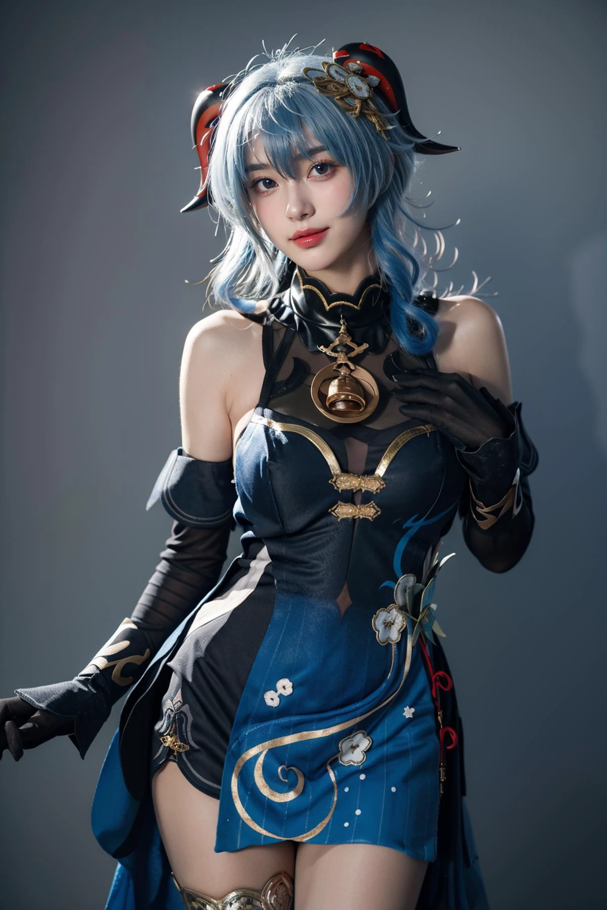 best quality,masterpiece,realistic,photorealistic,1girl,solo,looking at viewer,smile,standing,cowboy shot,ganyu cosplay costume,ganyu,genshin impact,cosplay,alternate costume,blue hair,long hair,horns,hair ornament,hair between eyes,dress,blue dress,china dress,sleeveless dress,bare shoulders,detached sleeves,gloves,elbow gloves,thigh strap,bell,simple grey background,<lora:Genshin_Ganyu_Lantern_Rite_cosplay_v1:0.7>,