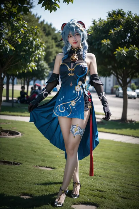 best quality,masterpiece,realistic,photorealistic,1girl,solo,looking at viewer,smile,standing,full body,ganyu cosplay costume,ganyu,genshin impact,cosplay,alternate costume,blue hair,long hair,horns,hair ornament,hair between eyes,dress,blue dress,china dress,sleeveless dress,bare shoulders,detached sleeves,gloves,elbow gloves,thigh strap,bell,high heels,china garden,flower,plant,tree,water,<lora:Genshin_Ganyu_Lantern_Rite_cosplay_v1:0.7>,
