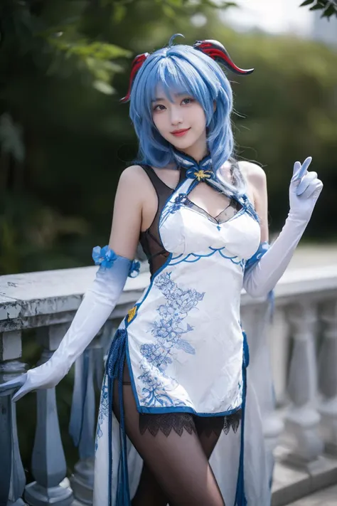 best quality, masterpiece, realistic, photorealistic, 1girl, solo, looking at viewer, smile, standing, cowboy shot, ganyu cosplay costume, ganyu, genshin impact, alternate costume, blue hair, long hair, ahoge, dress, chinese clothes, china dress, horns, goat horns, gloves, elbow gloves, pantyhose, black pantyhose, china garden, flower, water, tree, <lora:Genshin_Ganyu_China_Dress_v1:0.75>, <lora:Background_Detail_v3:1.5>